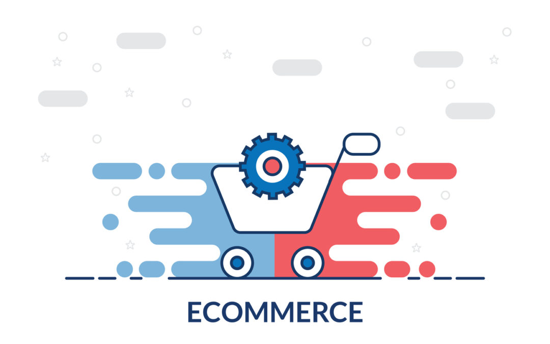 Comparison of WooCommerce and Shopify shopping carts, depicted with a divided design showcasing their differences in colors. A visual representation of the two e-commerce platforms.