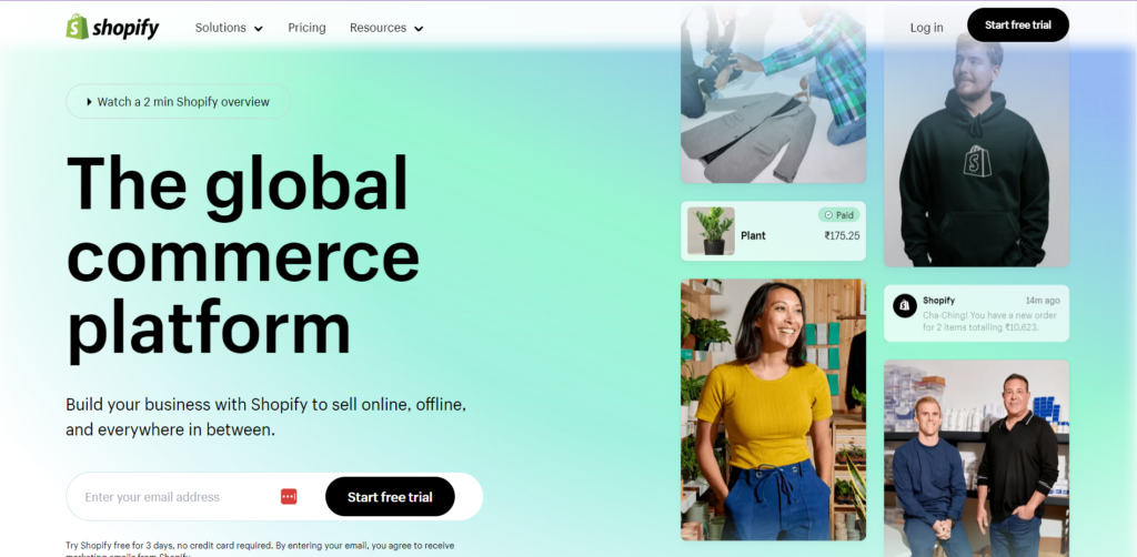 the homepage screenshot of the ecommerce platform, shopify