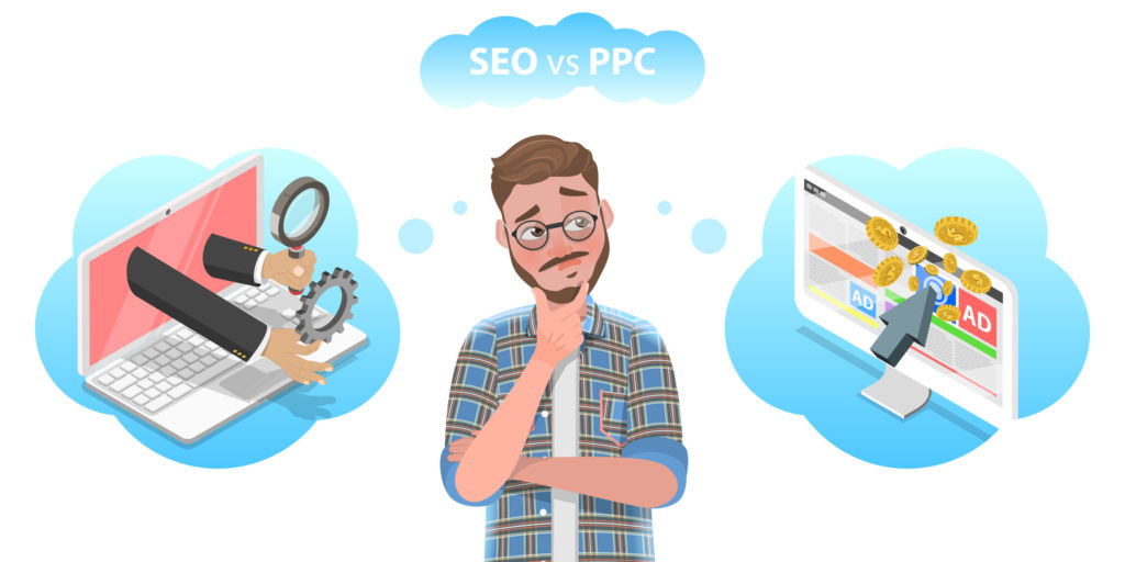3D image conceptual illustration of PPC vs SEO