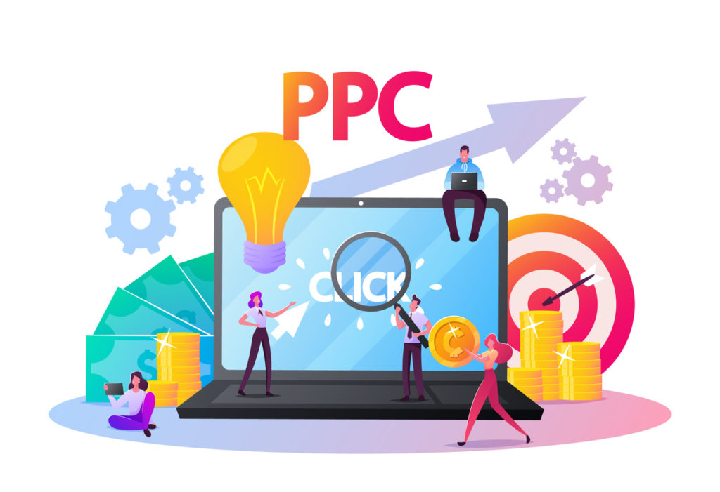 PPC vs SEO - Pay Per Click Concept. Tiny Characters at Huge Computer Desktop with Cursor Clicking on Ad Button