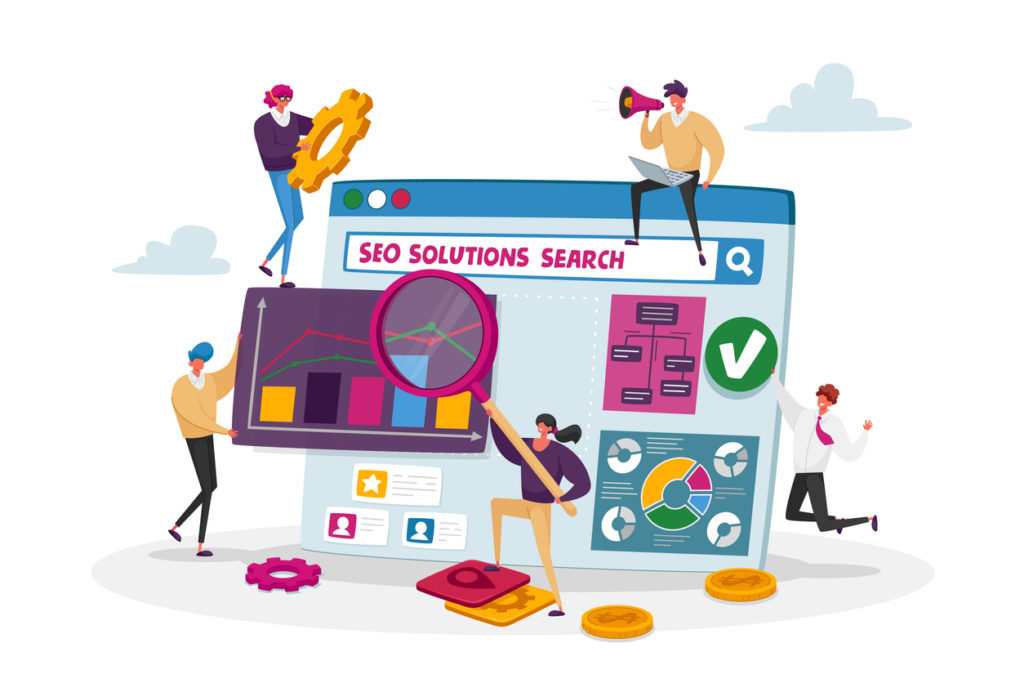 SEO Solutions and Business Data Analysis Concept. Tiny Characters of Research Marketing Strategy, Analyzing Financial Statistics Data Charts on Huge Device.